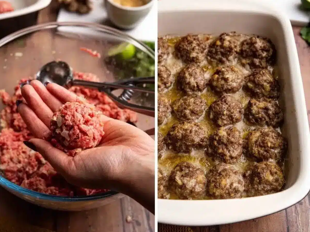 collage of hand forming meatballs and meatballs cooking in a pan