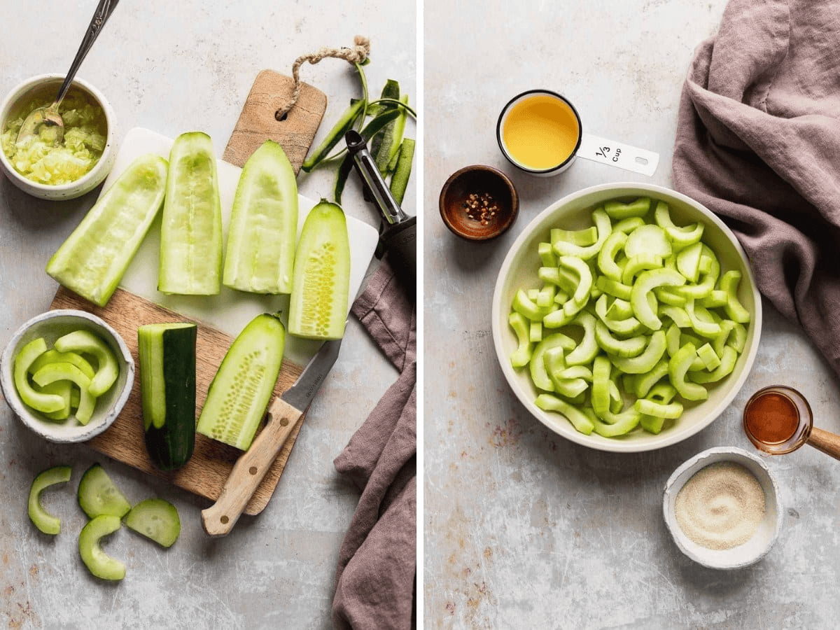 Side by side photos of sliced cucumbers on a cutting board and in a bowl