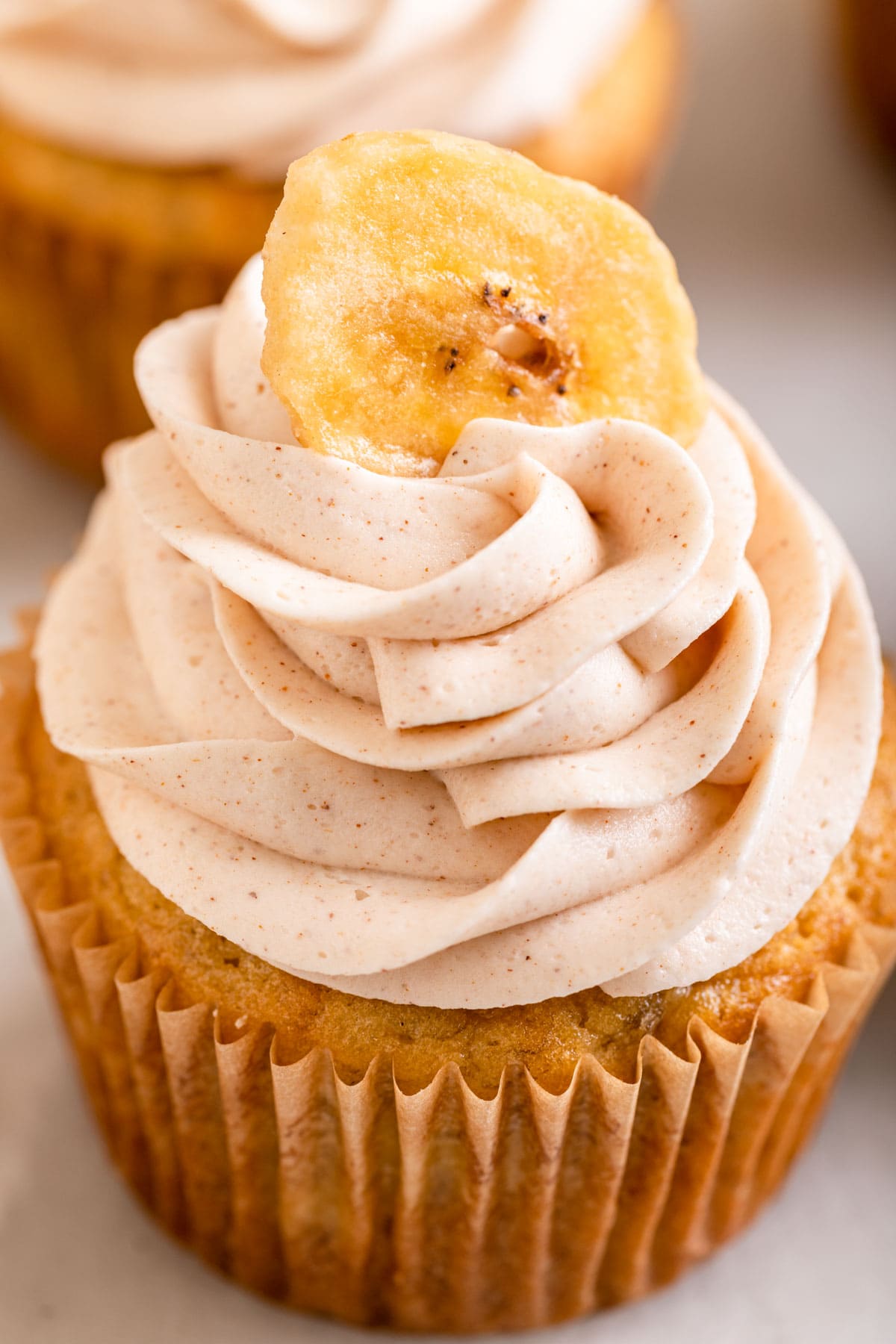 Banana Cupcakes frosted cupcake top down close up view