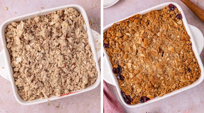 Cherry Crisp two panel collage with cherry crisp assembled in baking dish before and after baking.
