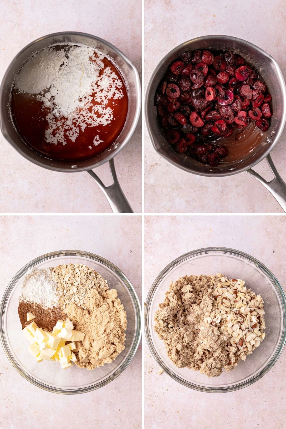 Cherry Crisp four panel collage of filling and topping preparation