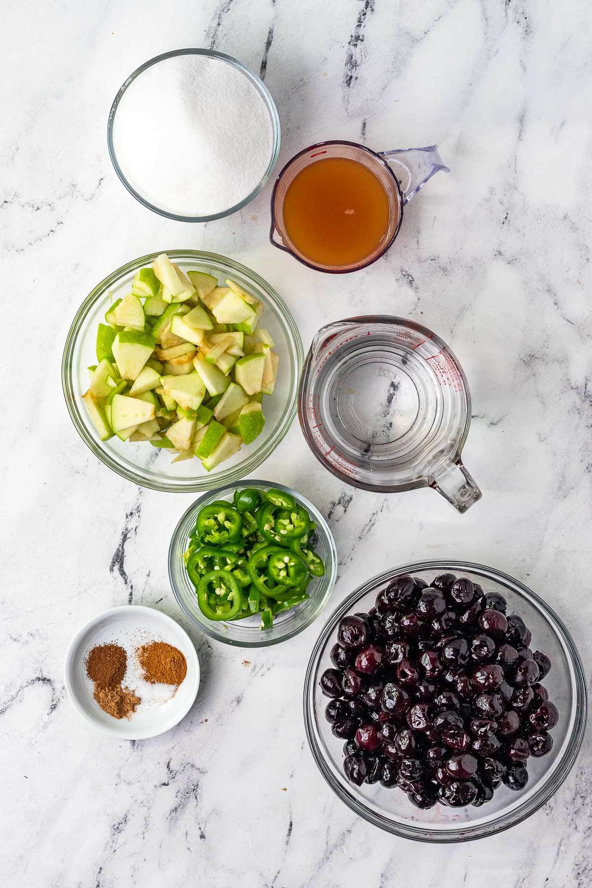 Cherry Jalapeno Jam ingredients in separate bowls