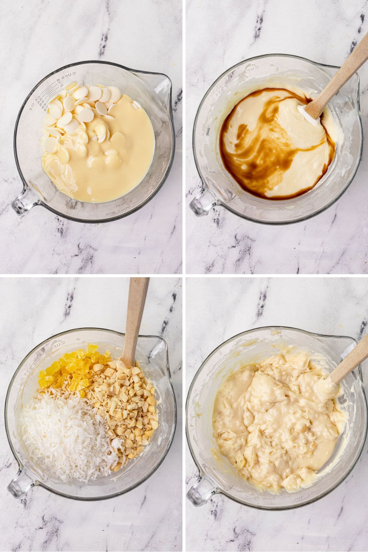 Pina Colada Fudge preparation collage with four panels of mixing fudge mixture