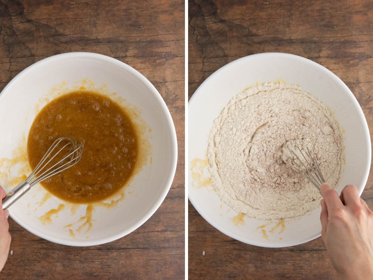 Strawberry Bread two panel collage wet and dry ingredients in white mixing bowl