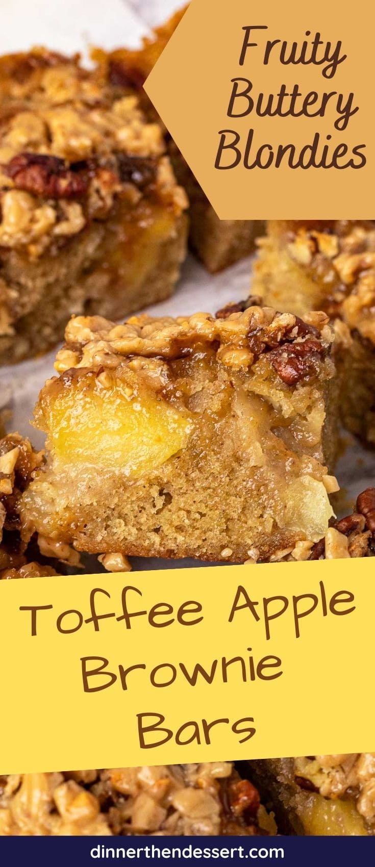 Toffee Apple Brownie Bars baked bars cut into squares and close up on one bar