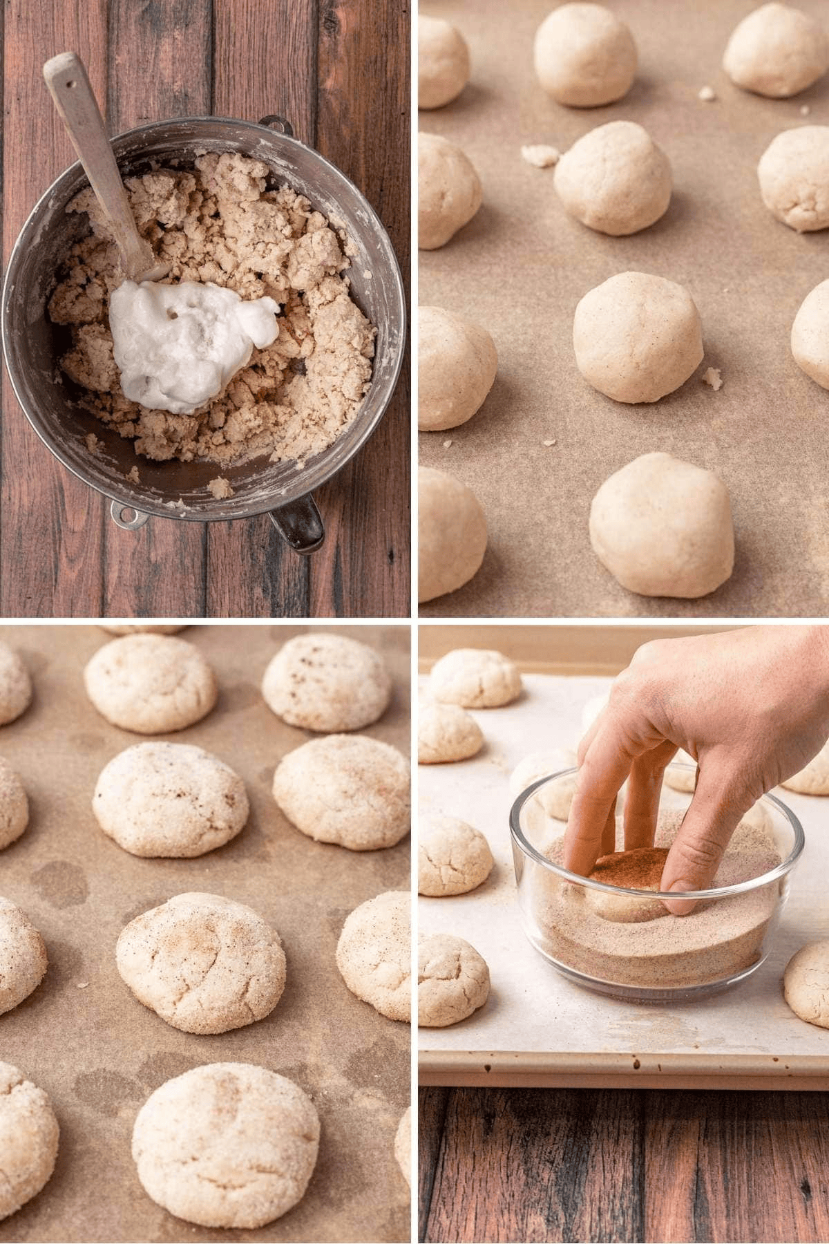 Collage of cookie dough unbaked and dipped in cinnamon sugar