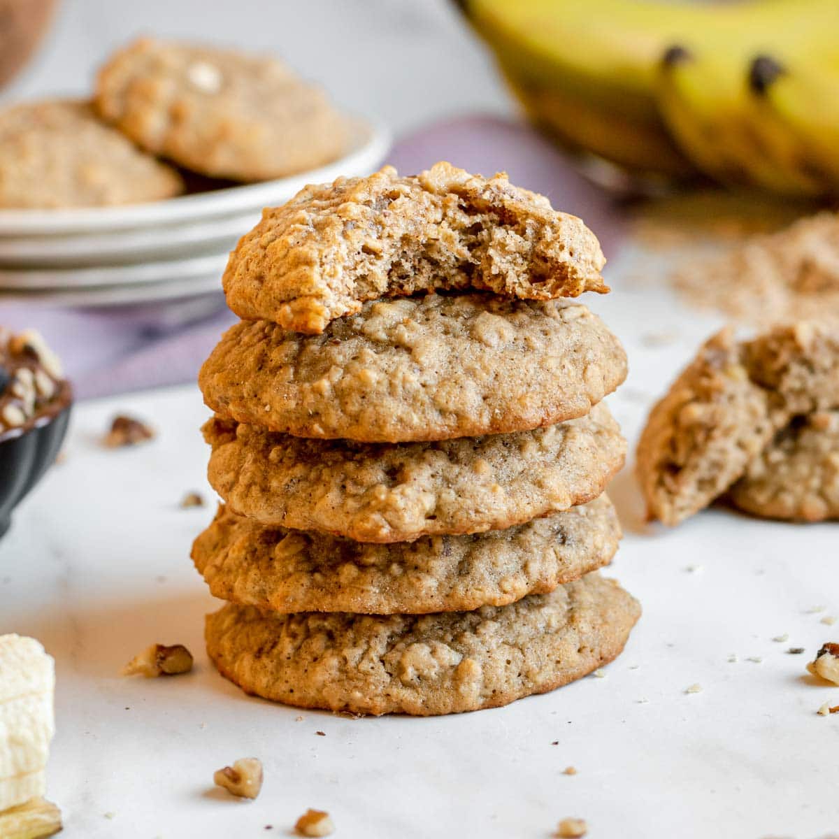 Banana Bread Cookies stack of five cookies with bite taken out of top cookie