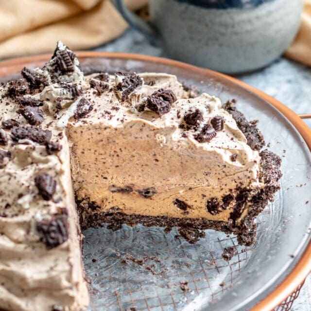 Oreo Coffee Ice Cream Pie finished pie with slice removed