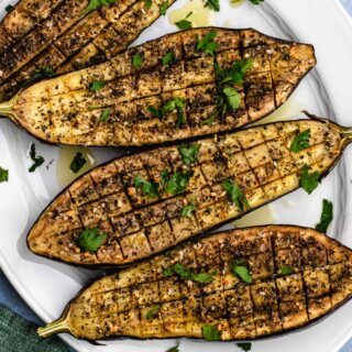 Finished eggplant on serving tray.