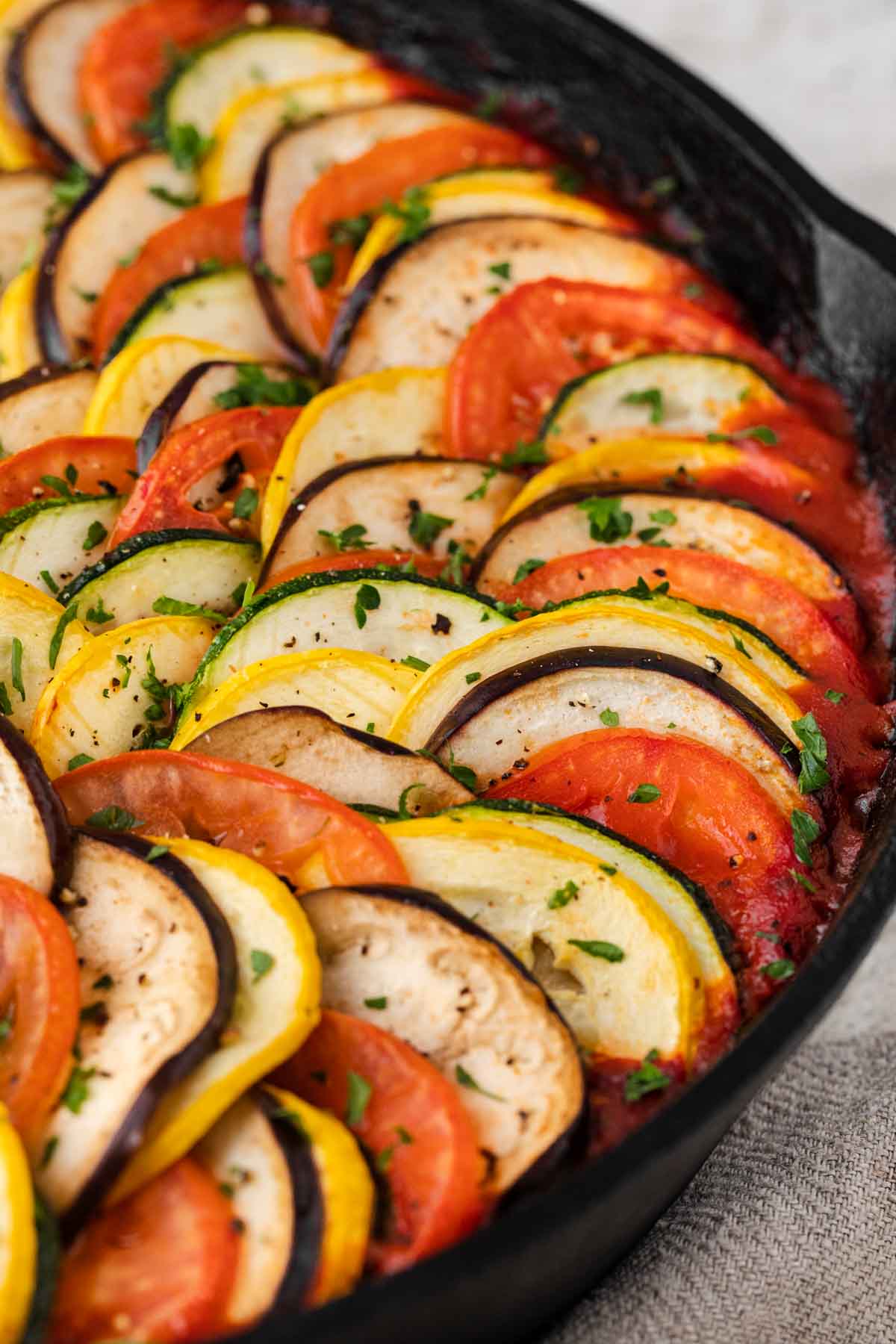 closeup of cooked layers of veggies