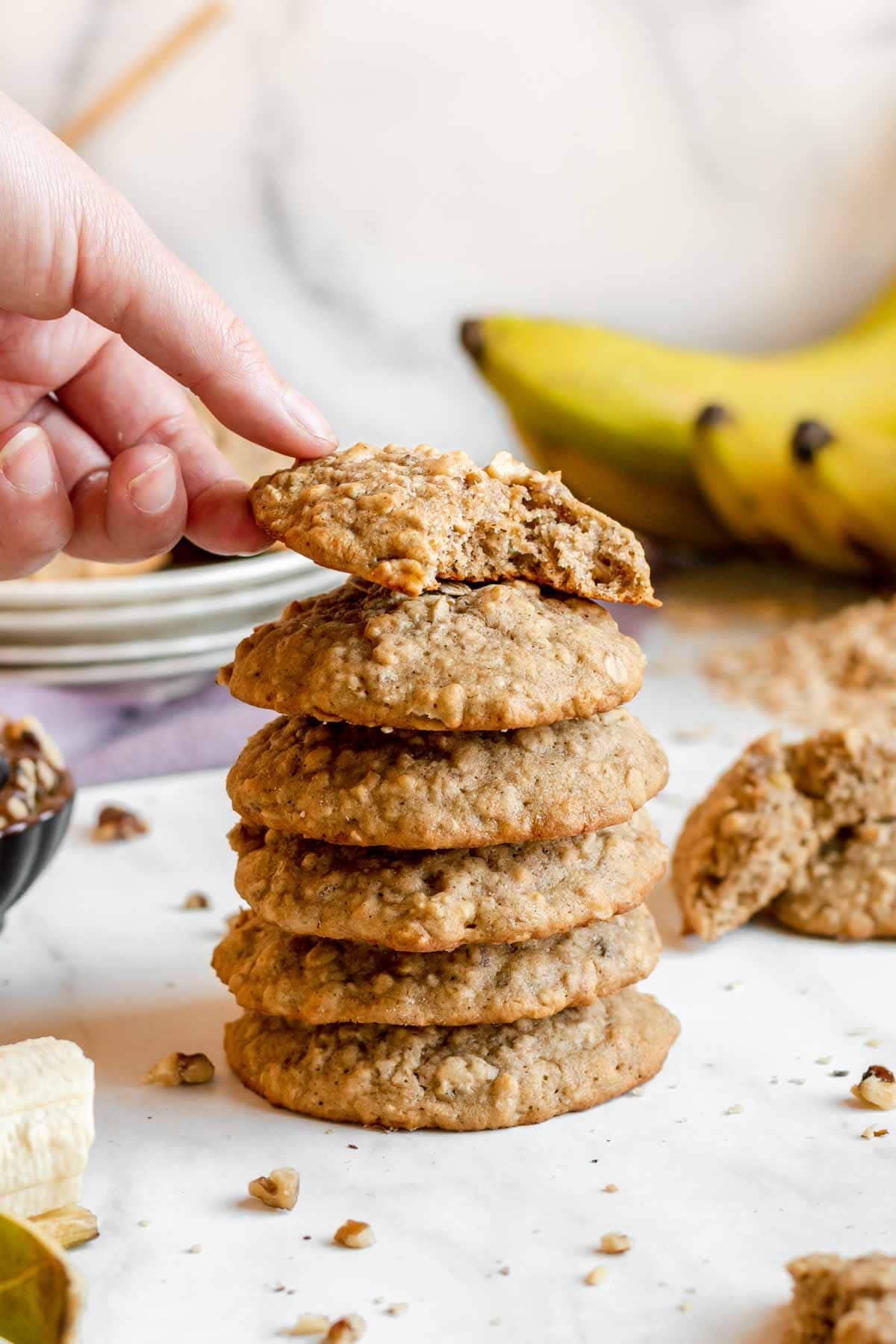 Banana Bread Cookies stack of five cookies with bite taken out of top cookie