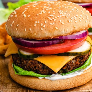 Fully dressed veggie burger on bun.