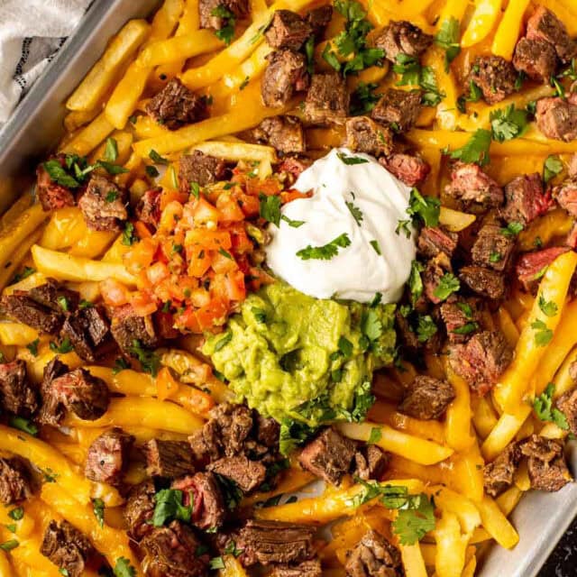 French fries covered in melted cheese and meat, with guac and salsa.