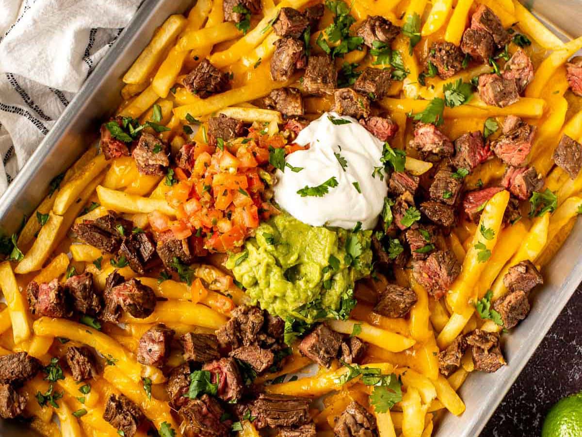 French fries covered in melted cheese and meat, with guac and salsa.