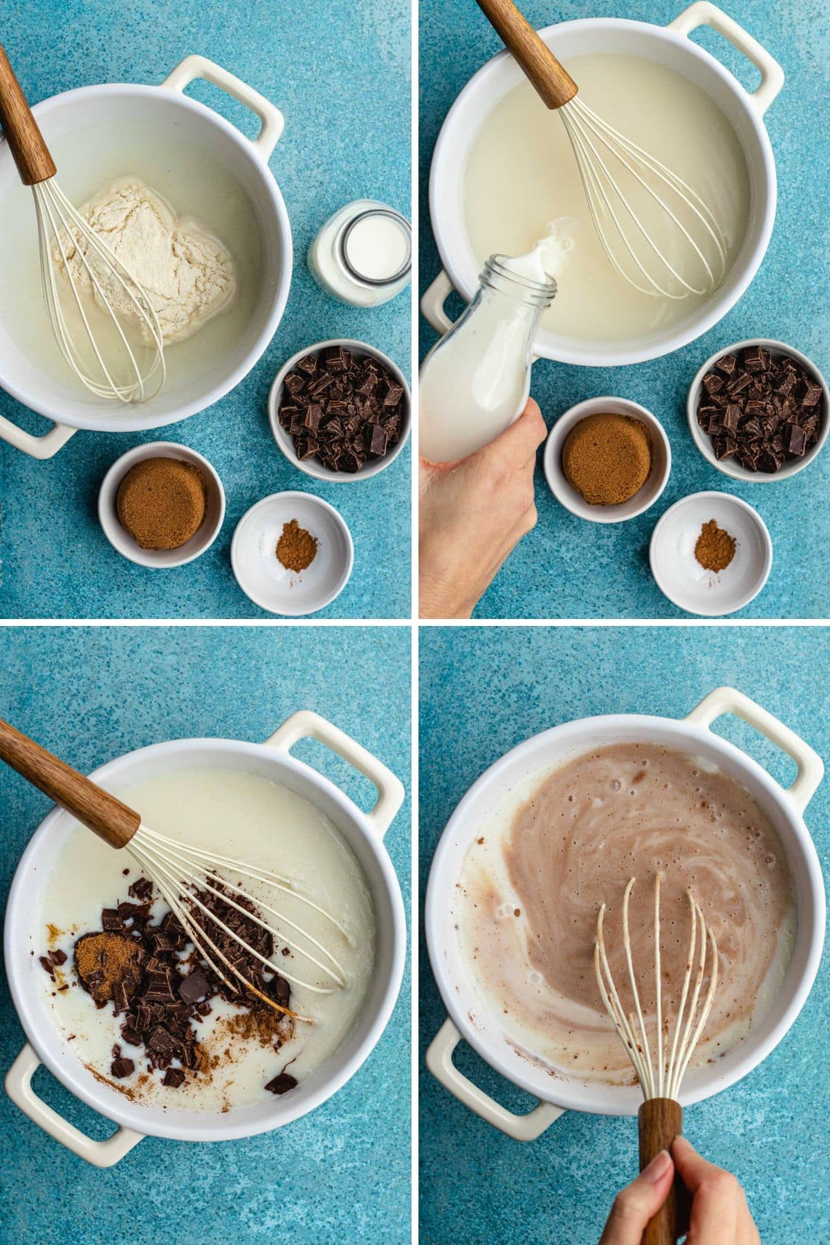 Champurrado four picture collage of preparing mixture