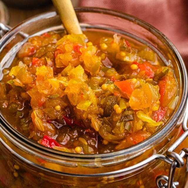 Pepper and tomato relish in large jar.