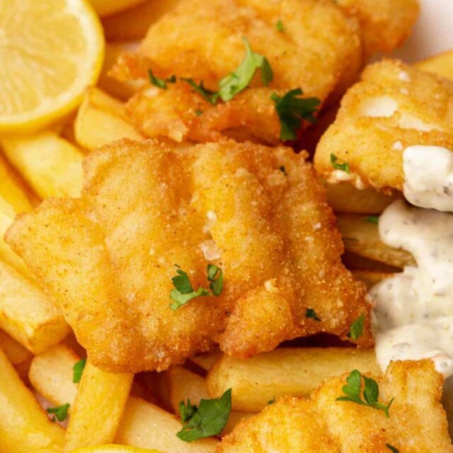 Close up of fried fish sitting on French fries.