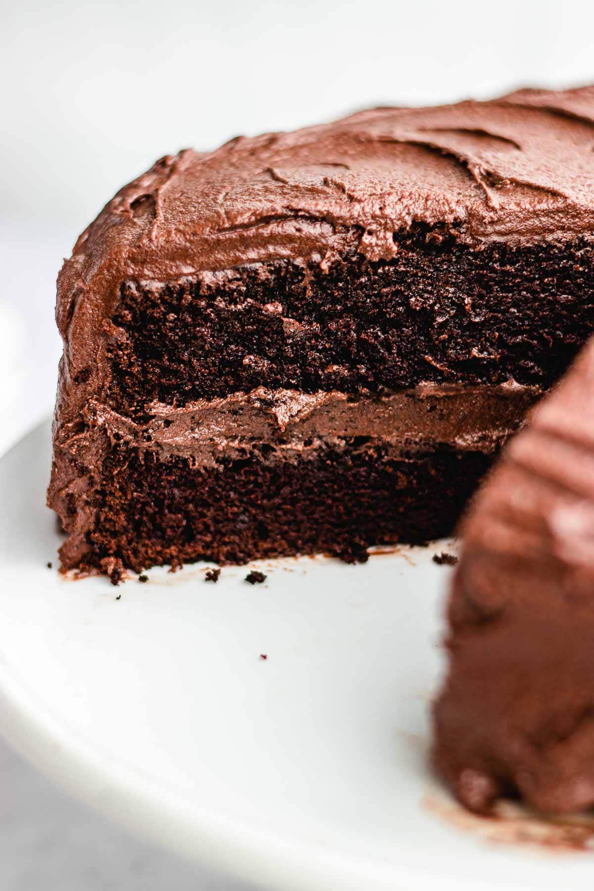 Dark Chocolate Frosting frosted on chocolate layer cake with cut section removed