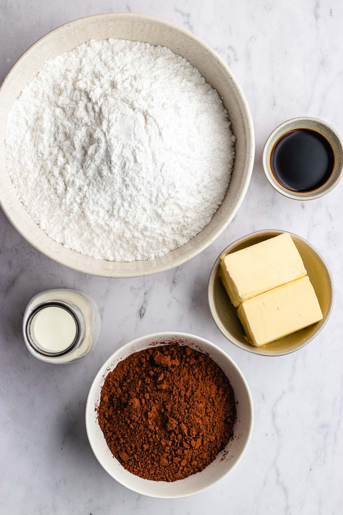 Dark Chocolate Frosting ingredients in separate bowls