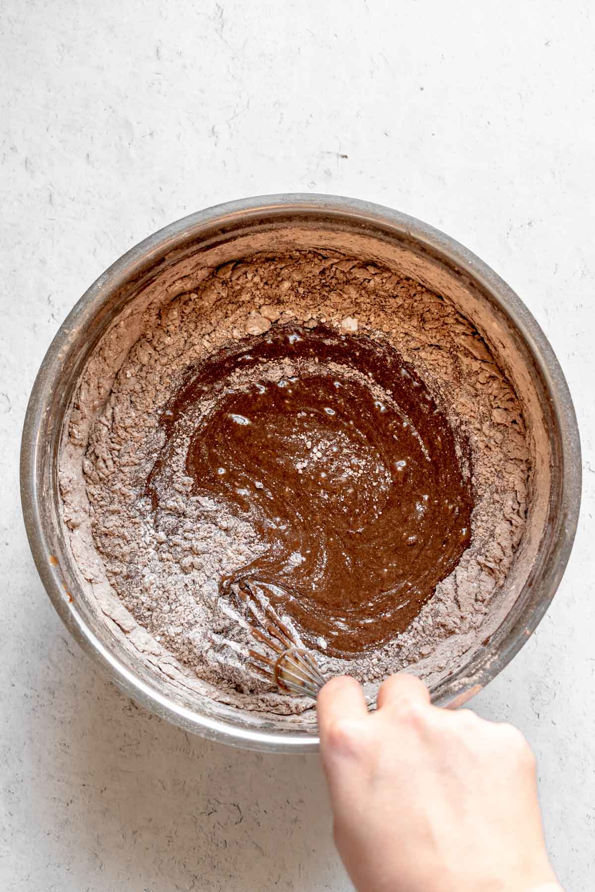 Eggless Chocolate Cake batter in mixing bowl
