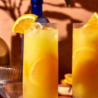 Two Cocktails in Collins glasses with orange juice and garnish.