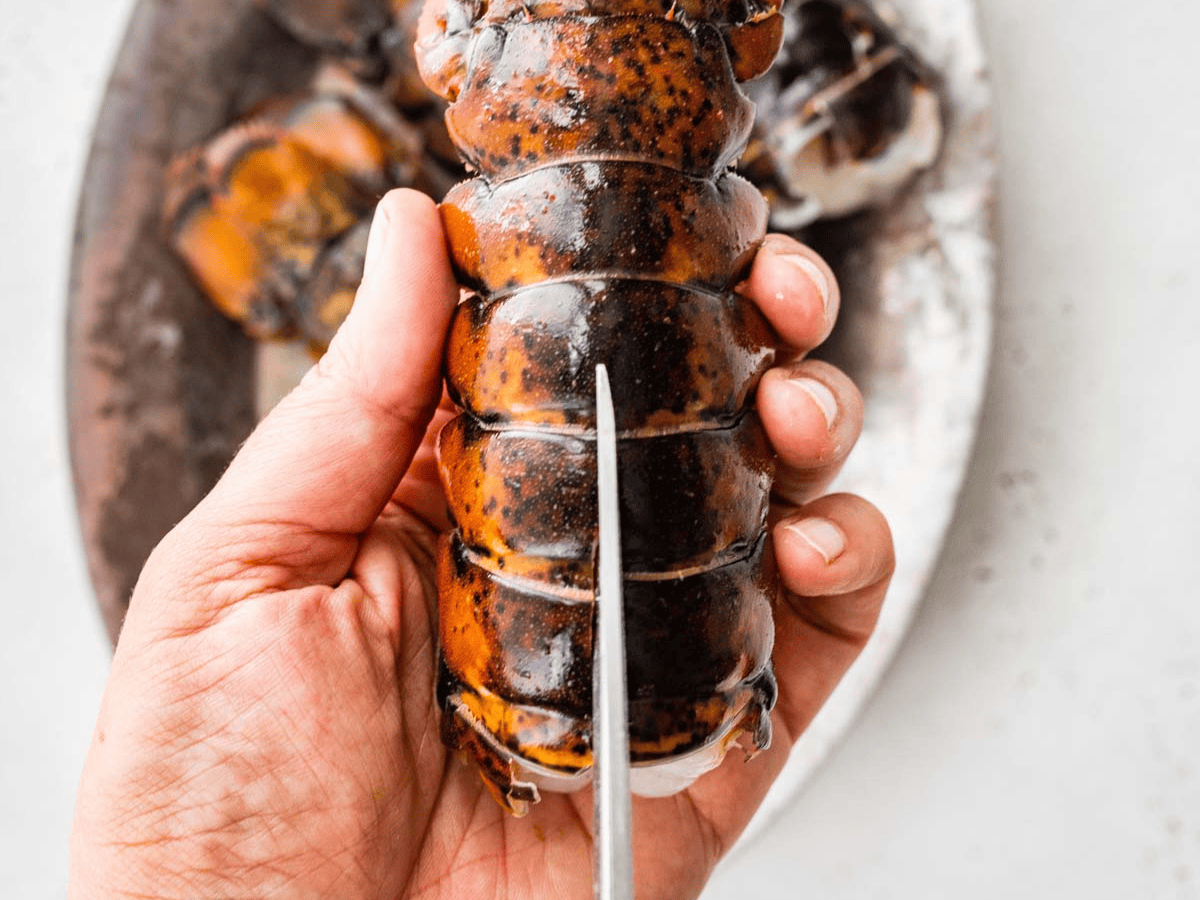 Chef's scissors cutting into lobster tail.