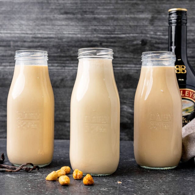 Glass bottles filled with different creamers