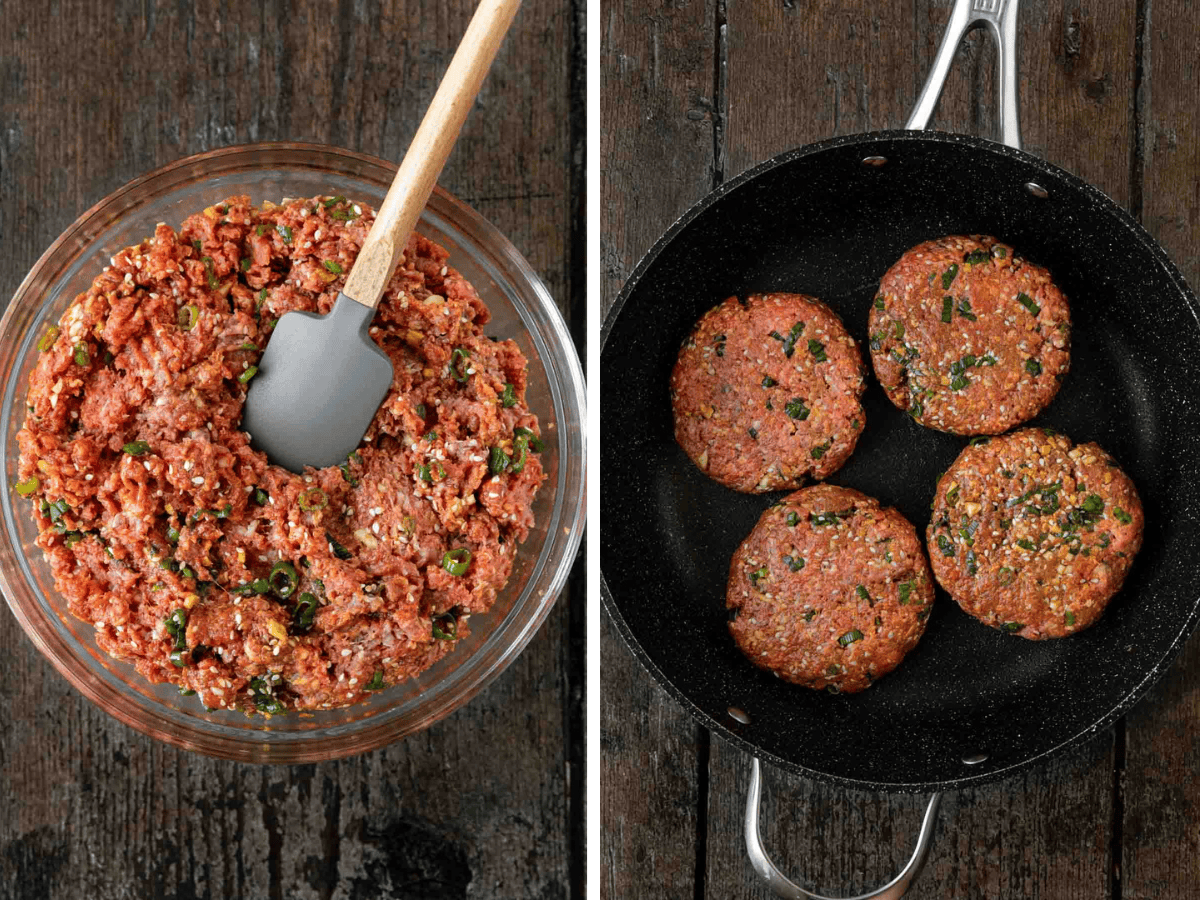 collage of mixed ingredients and burgers on a skillet