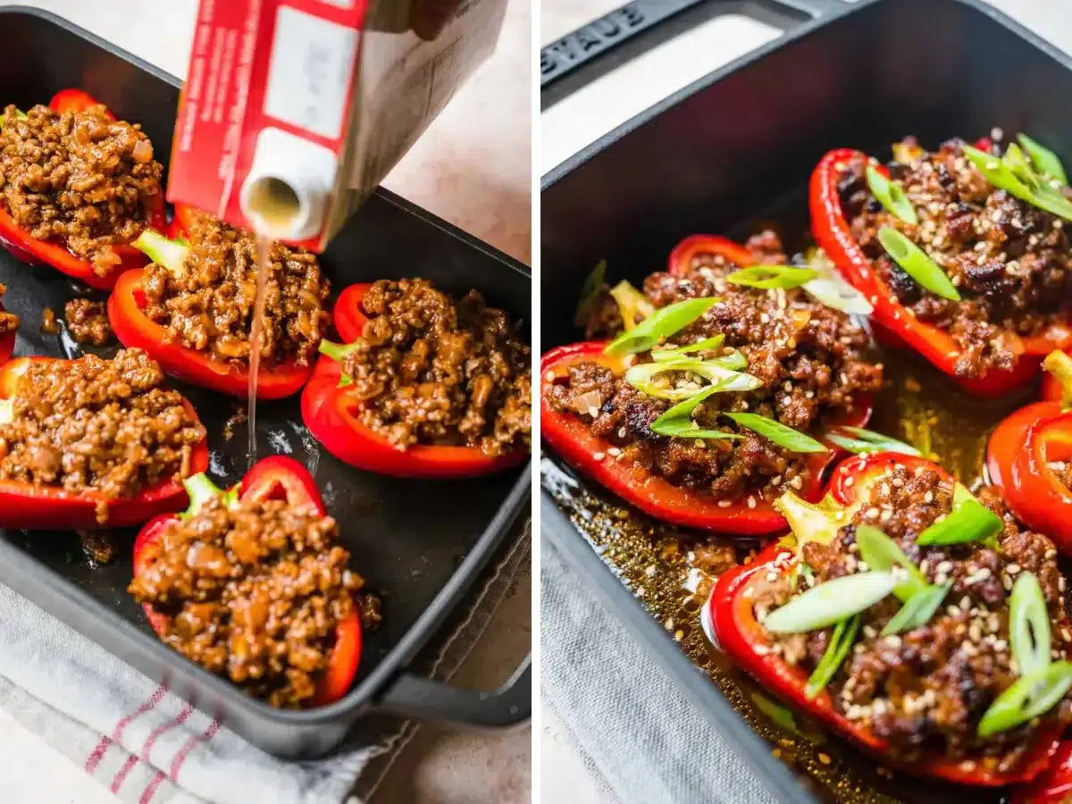adding broth to pan and finished peppers
