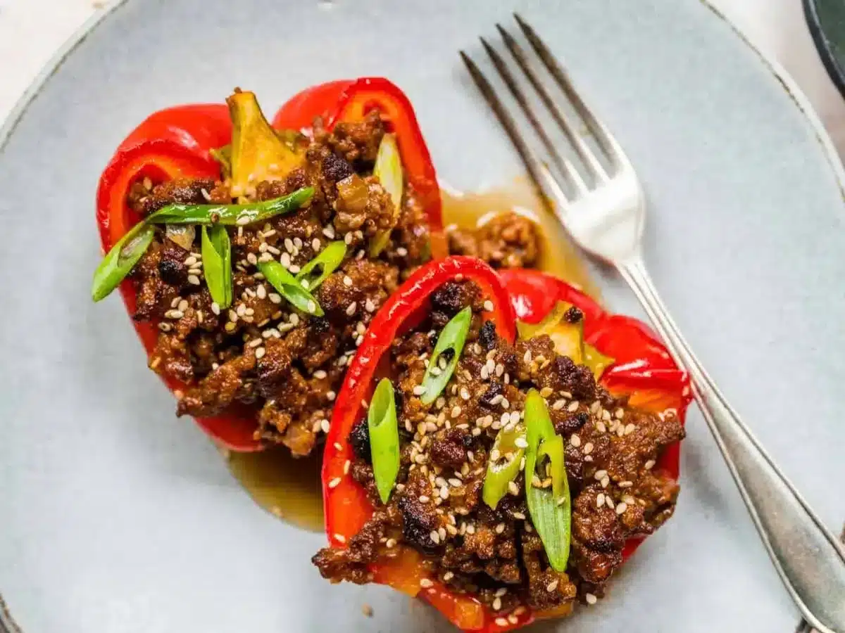plated peppers stuffed with meat