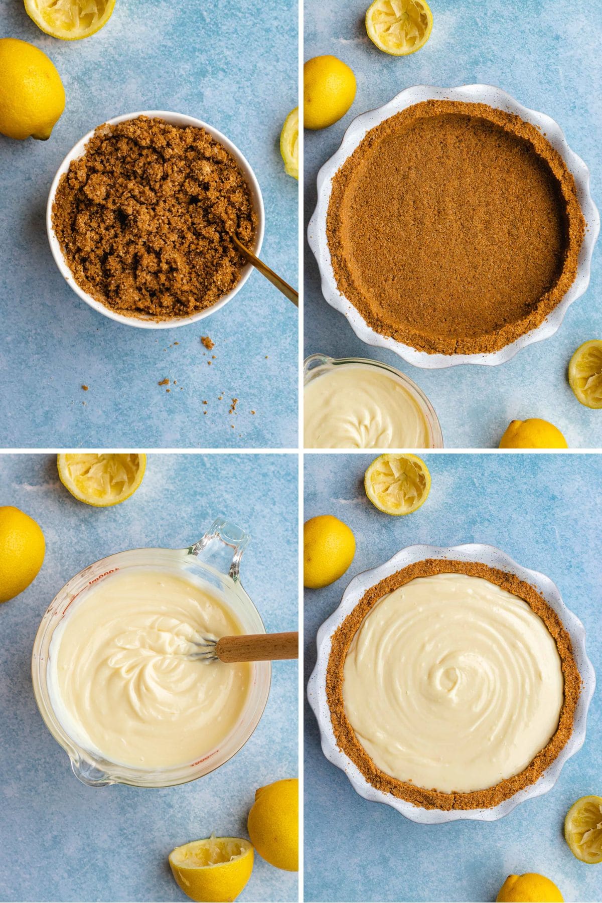 Lemon Pie filling and crust preparation four panel collage