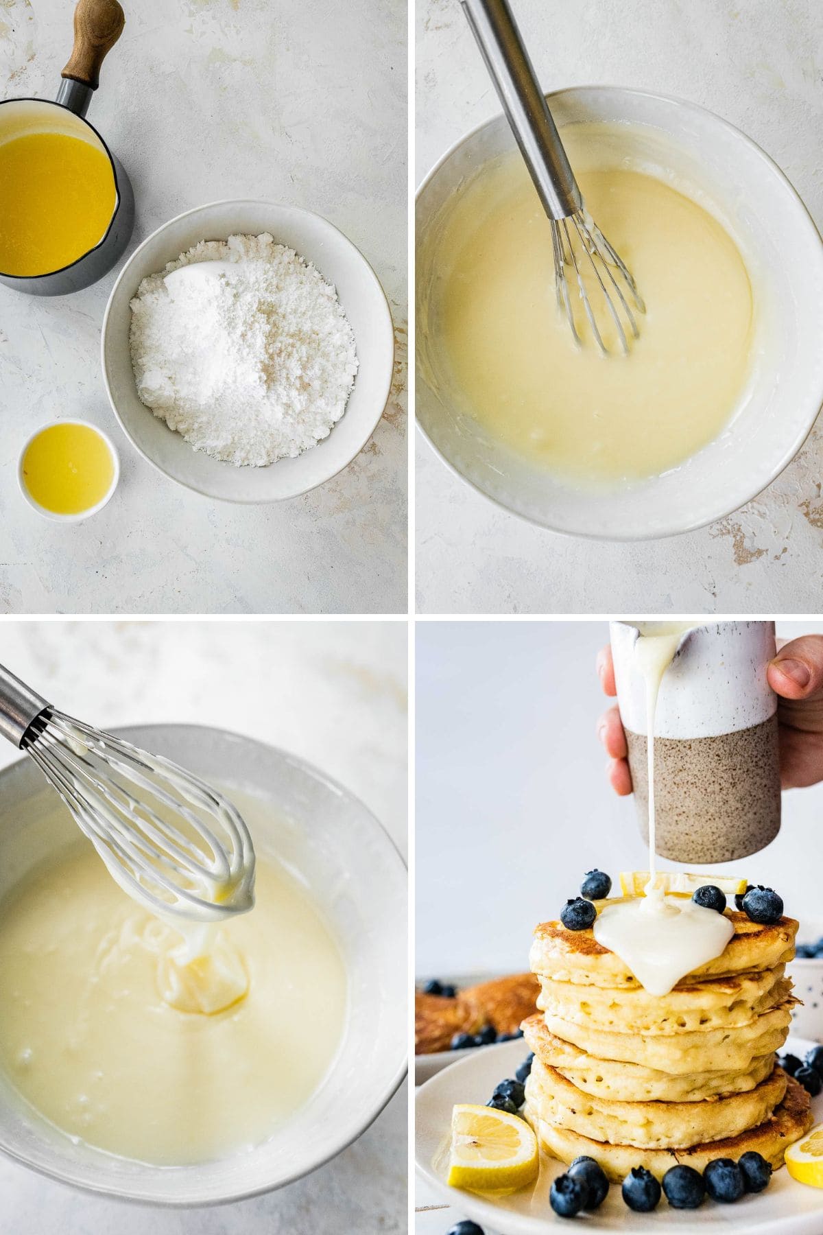 Lemon Ricotta Pancakes preparing glaze and pouring over pancake stack collage