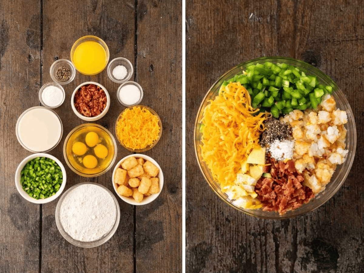 two photos side by side of all ingredients and all ingredients in a bowl