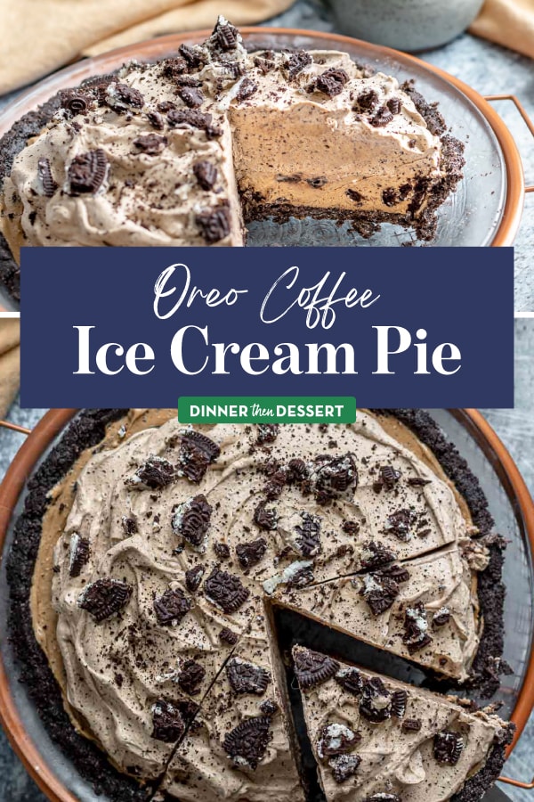Oreo Coffee Ice Cream Pie finished pie removing slice and slice removed from pie collage