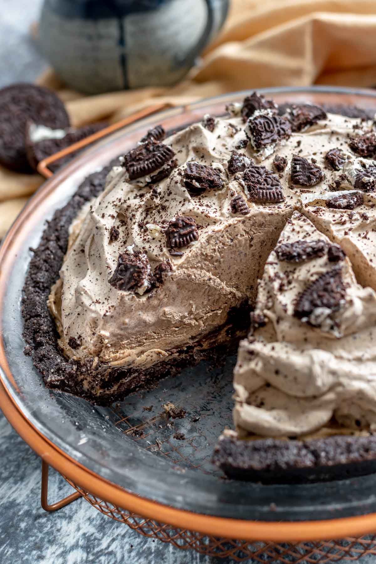 Oreo Coffee Ice Cream Pie finished pie with slice removed