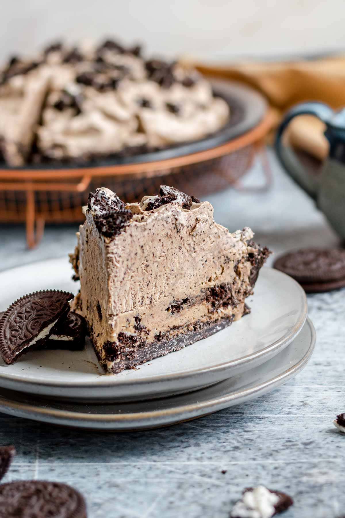 Oreo Coffee Ice Cream Pie slice on plate