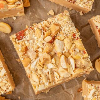 Top view of rich candy square with peanut topping.