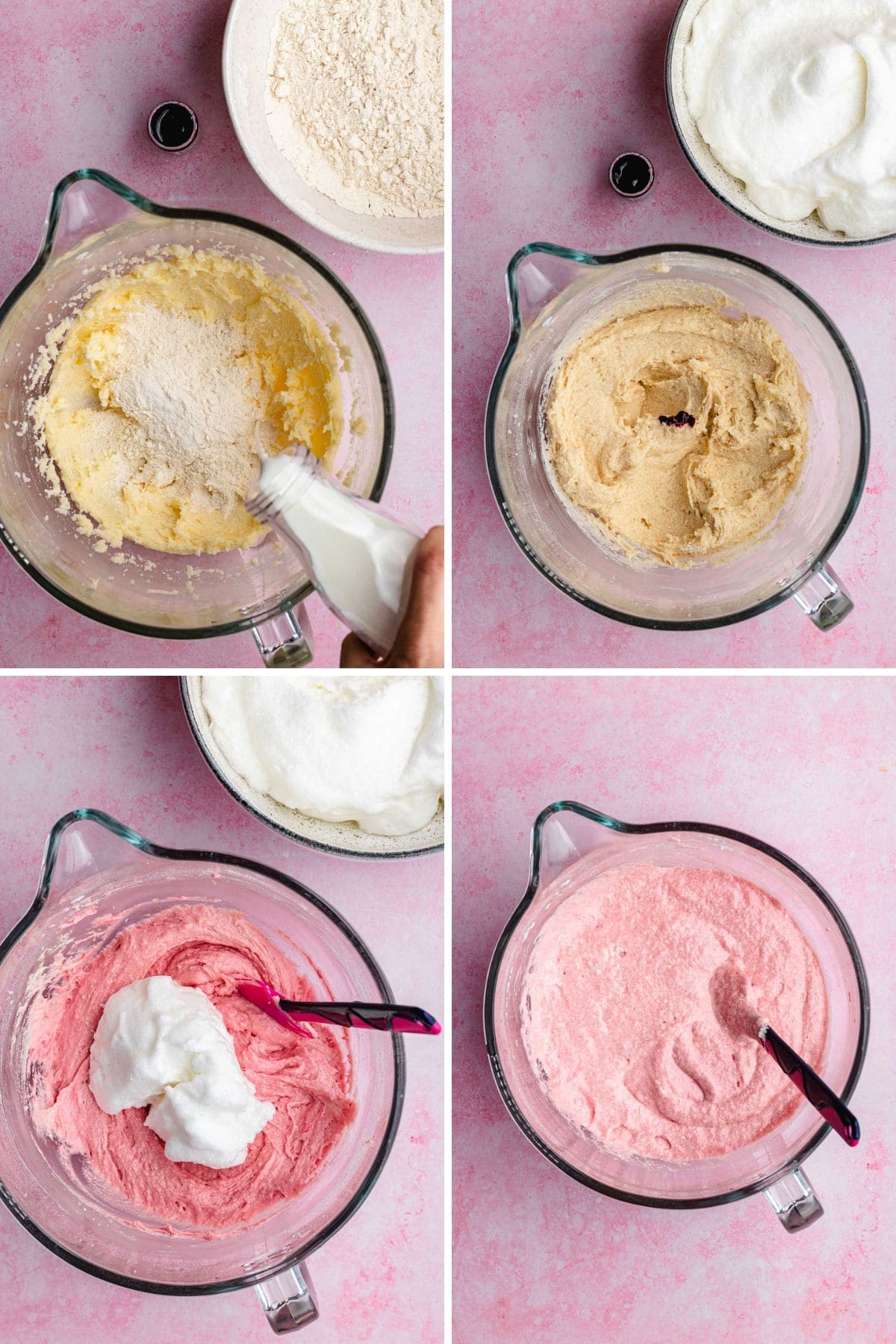 Pink Velvet Cake collage of preparing batter