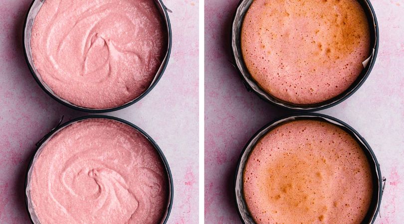 Pink Velvet Cake collage cakes in pans before and after baking