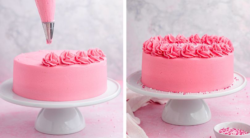 Pink Velvet Collage piping frosting and decorated cake on stand