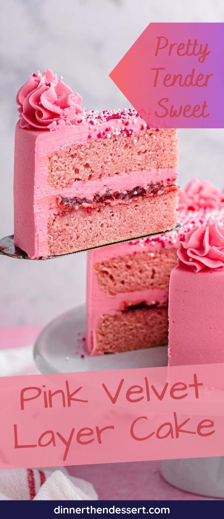 Pink Velvet Cake removing slice from frosted cake on stand, recipe name across bottom