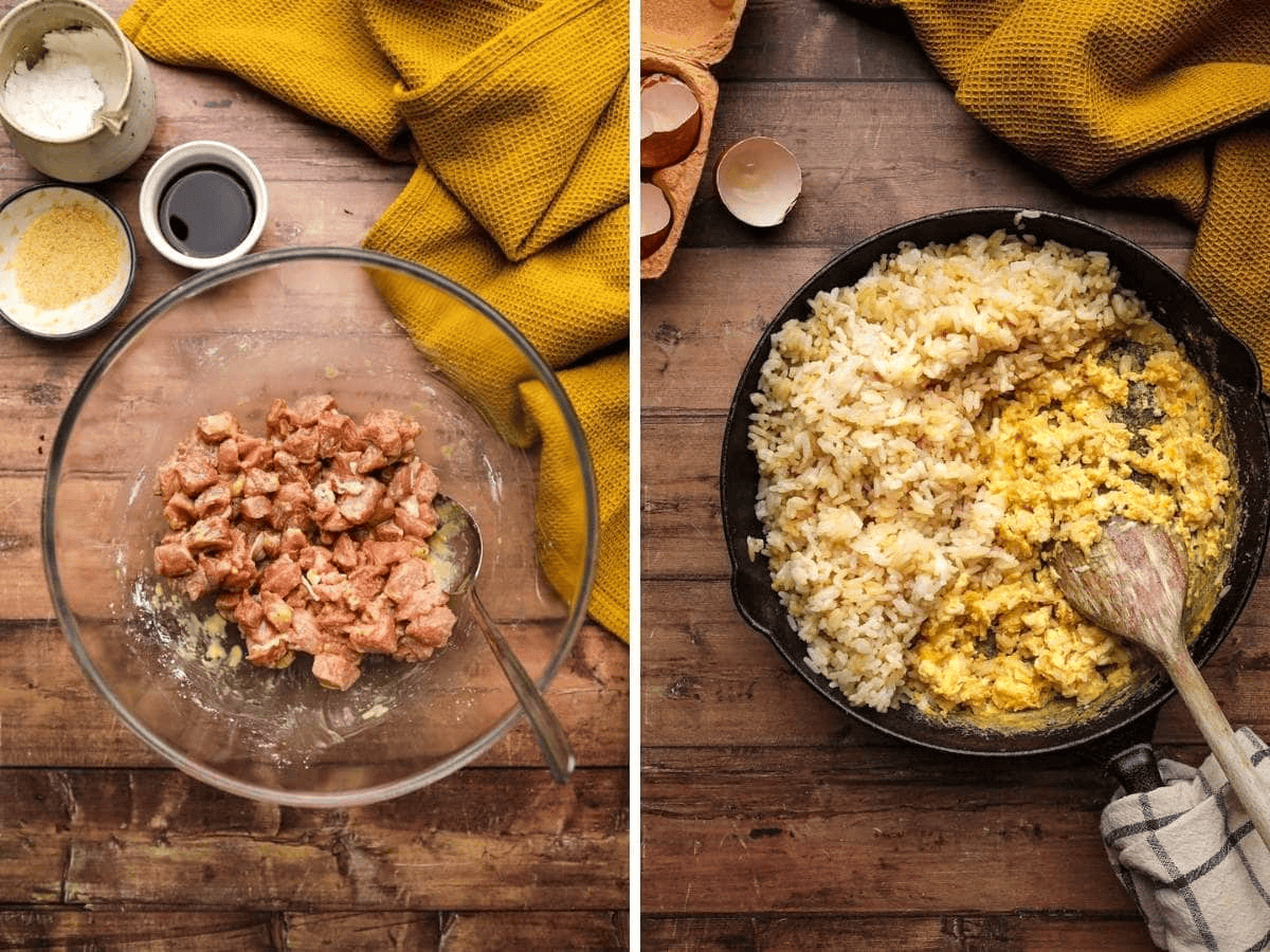 Bowl of raw pork and skillet with rice