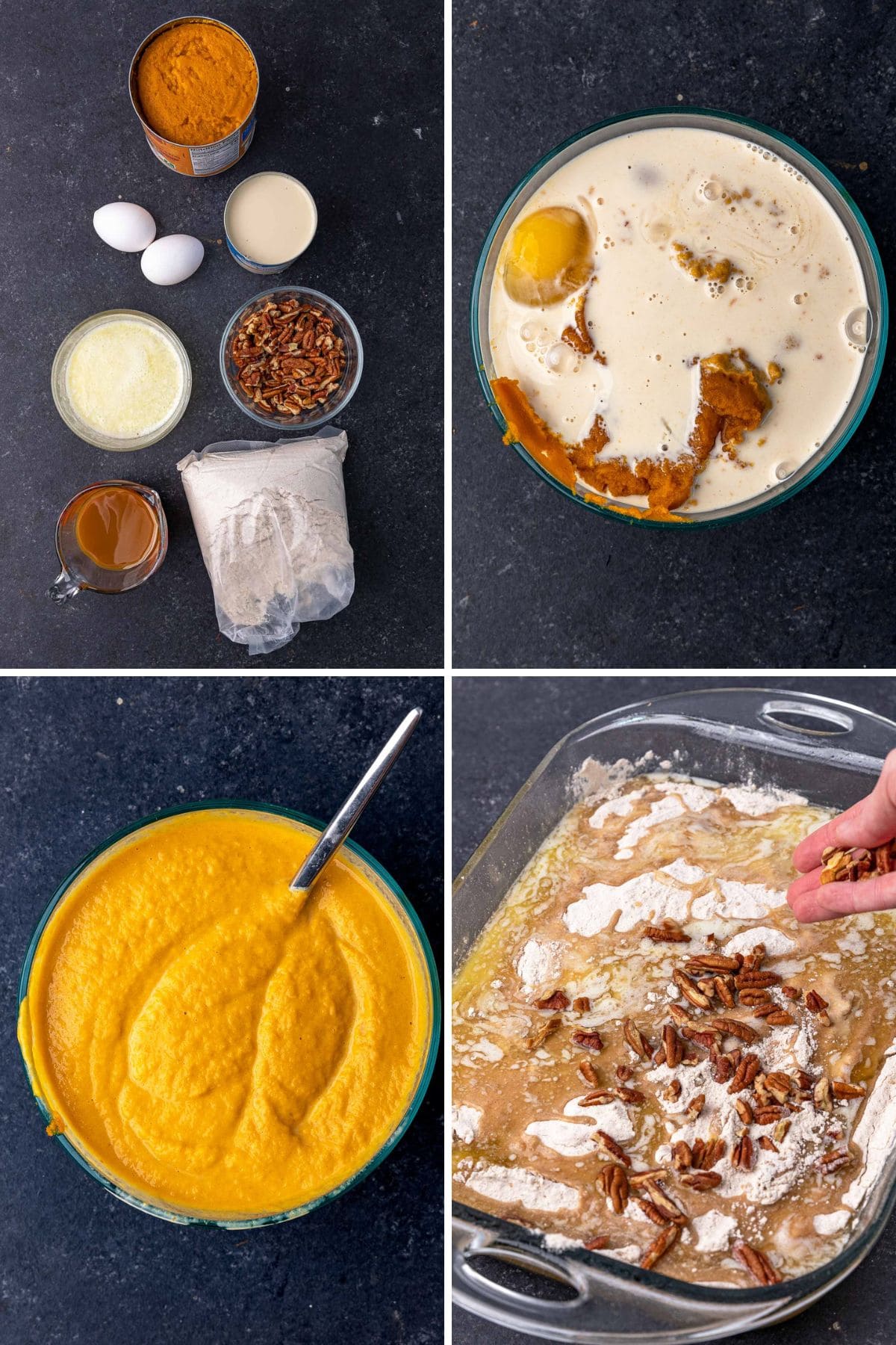 4 picture collage of Pumpkin Dump Cake ingredients, mixing and precooked in pan.