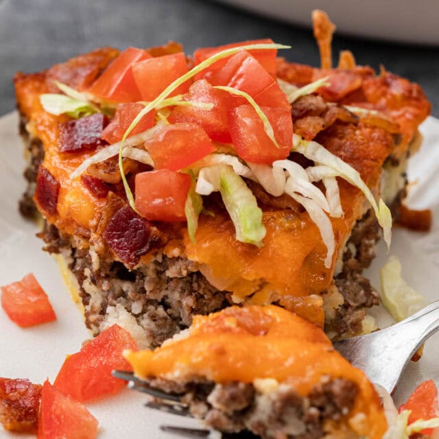 Meat pie on plate with shredded lettuce and diced tomato topping.