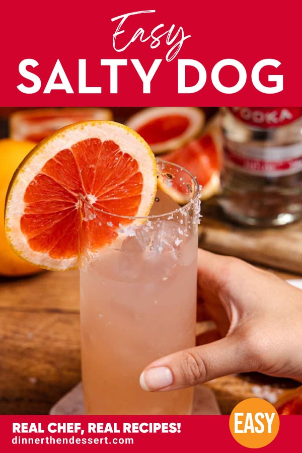 Cocktail in glass with salted rim and grapefruit wheel garnish.