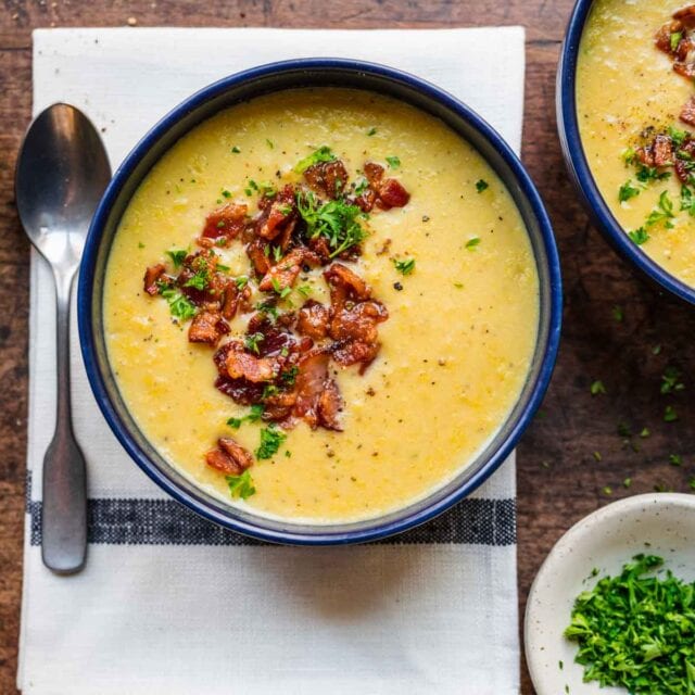 finished soup in bowl with bacon and onions on top 4x3