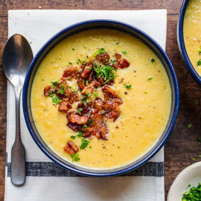 finished soup in bowl with toppings
