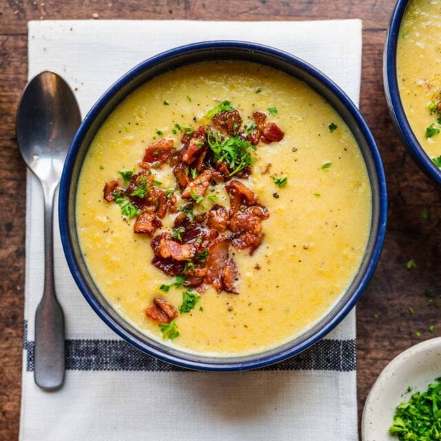 finished soup in bowl with bacon and onions on top 4x3
