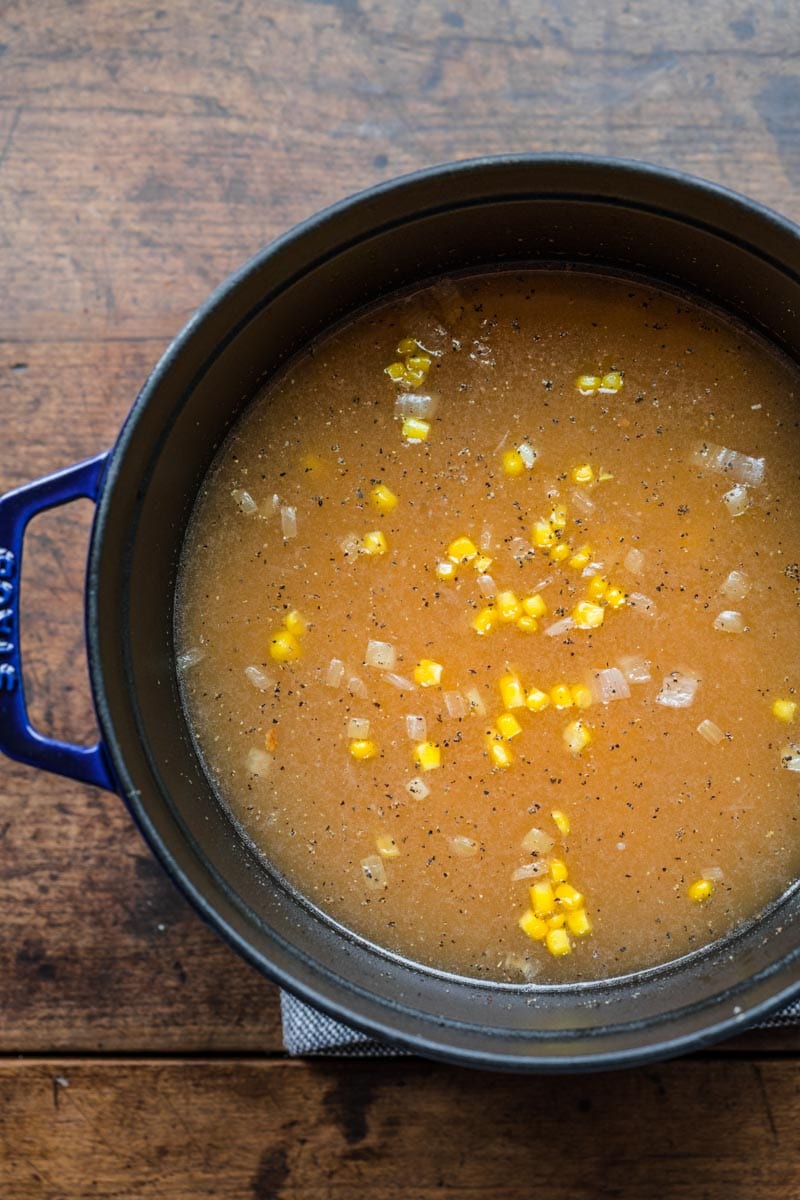 Sweet Corn Soup broth and corn cooked in pot