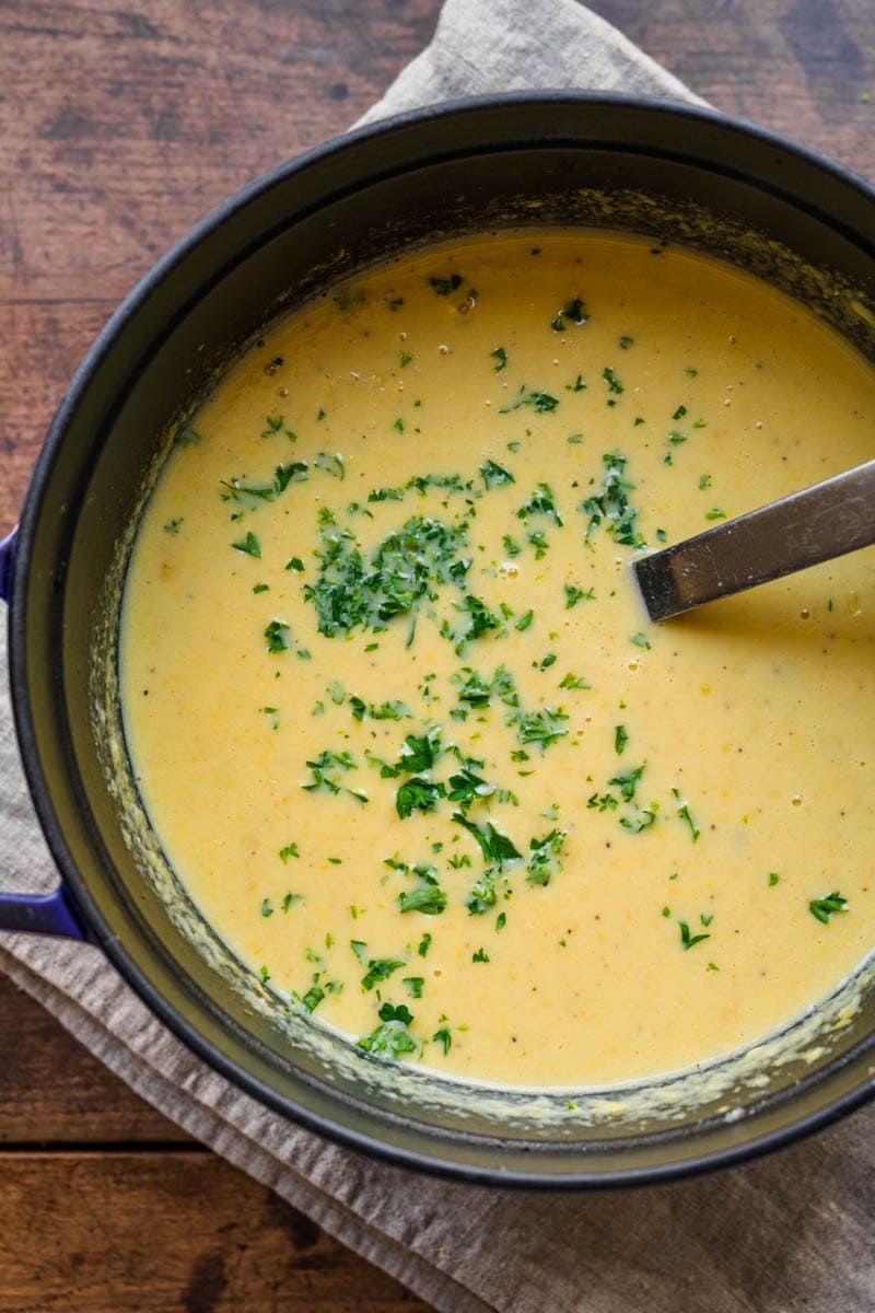 Sweet Corn Soup finished in pot with parsley